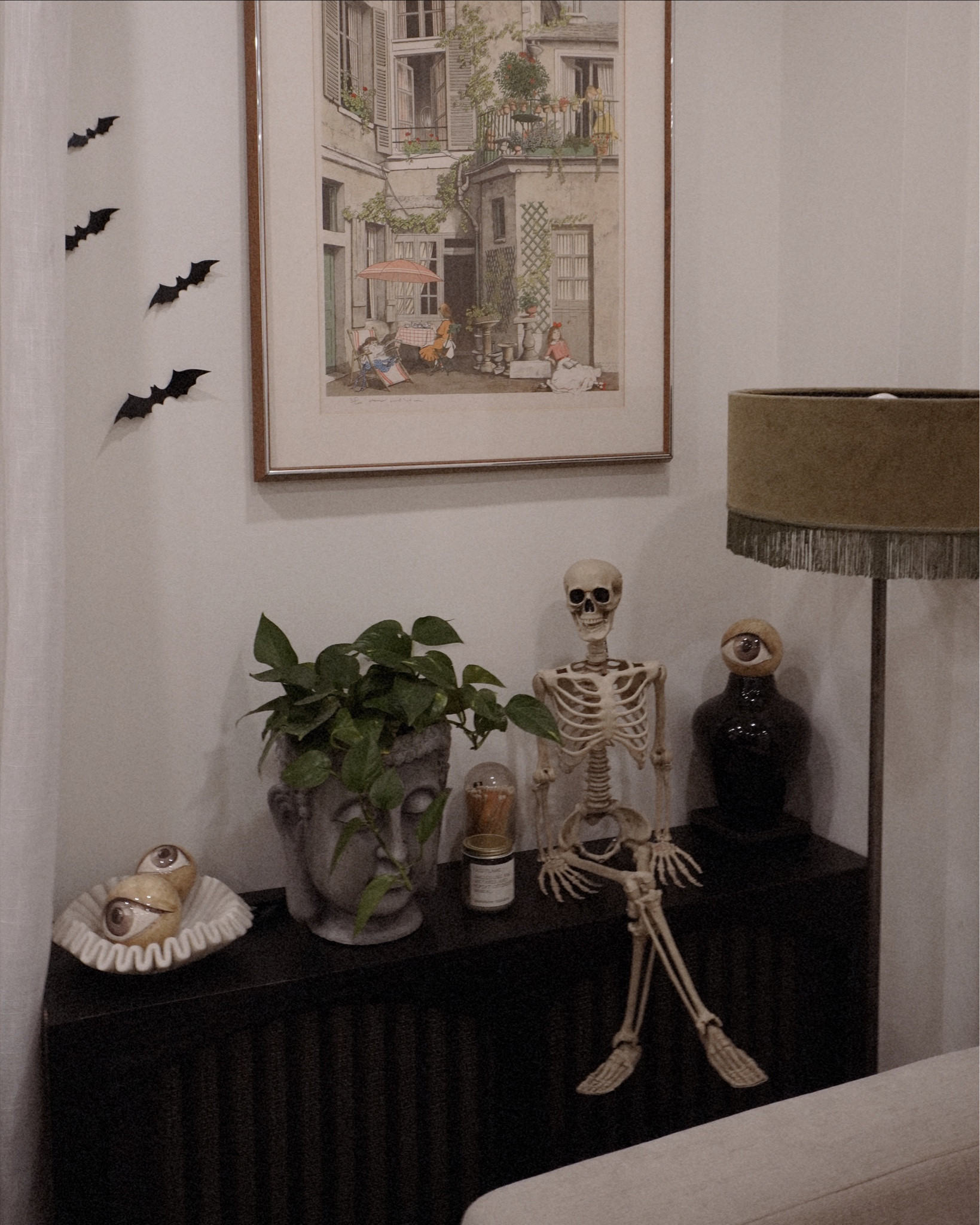 Halloween Hope Decor, Buddha Head Planter, Stone Coffee Filter Bowl, Sitting skeleton, bats 

#LTKHalloween