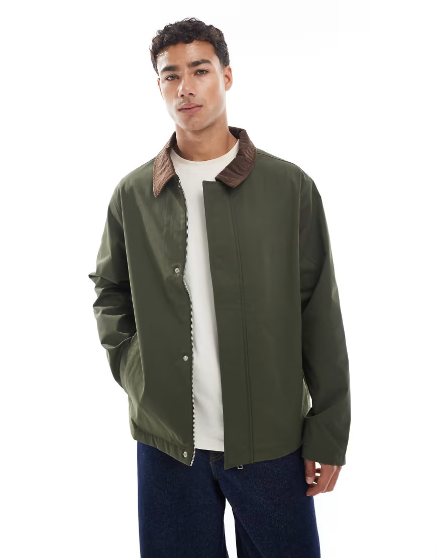 Jack & Jones harrington jacket with cord collar in khaki-Green | ASOS (Global)