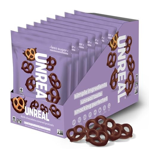UNREAL Dark Chocolate Covered Pretzels, 7g Sugar, Chocolate Candy Treat Bag, Gluten Free, Fair Trade, Non-GMO, 1.5oz (Pack of 9) | Amazon (US)