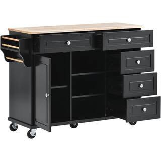 Black Wood 52.8 in. Kitchen Island with 5-Wheels, Storage Cabinet, 5-Drawers, Towel Rack | The Home Depot