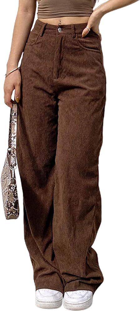 SCUSTY Women's Vintage Corduroy High Elastic Waist Wide Leg Pocketed Pants Trouser | Amazon (US)