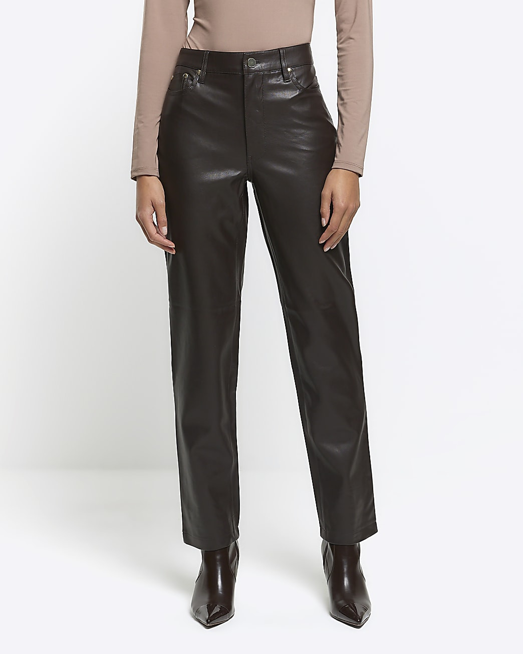 Brown faux leather straight trousers | River Island (UK & IE)