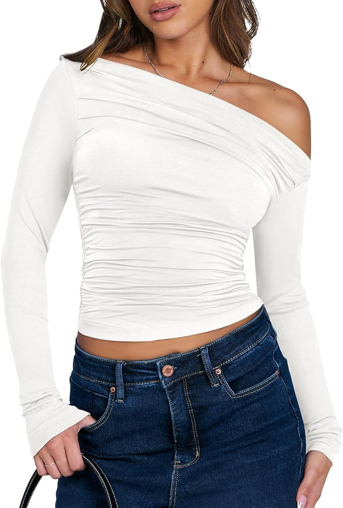 ANRABESS Womens Off Shoulder Long Sleeve Shirts Slim Fitted Sexy Tight Going Out Crop Tops Blouse... | Amazon (US)