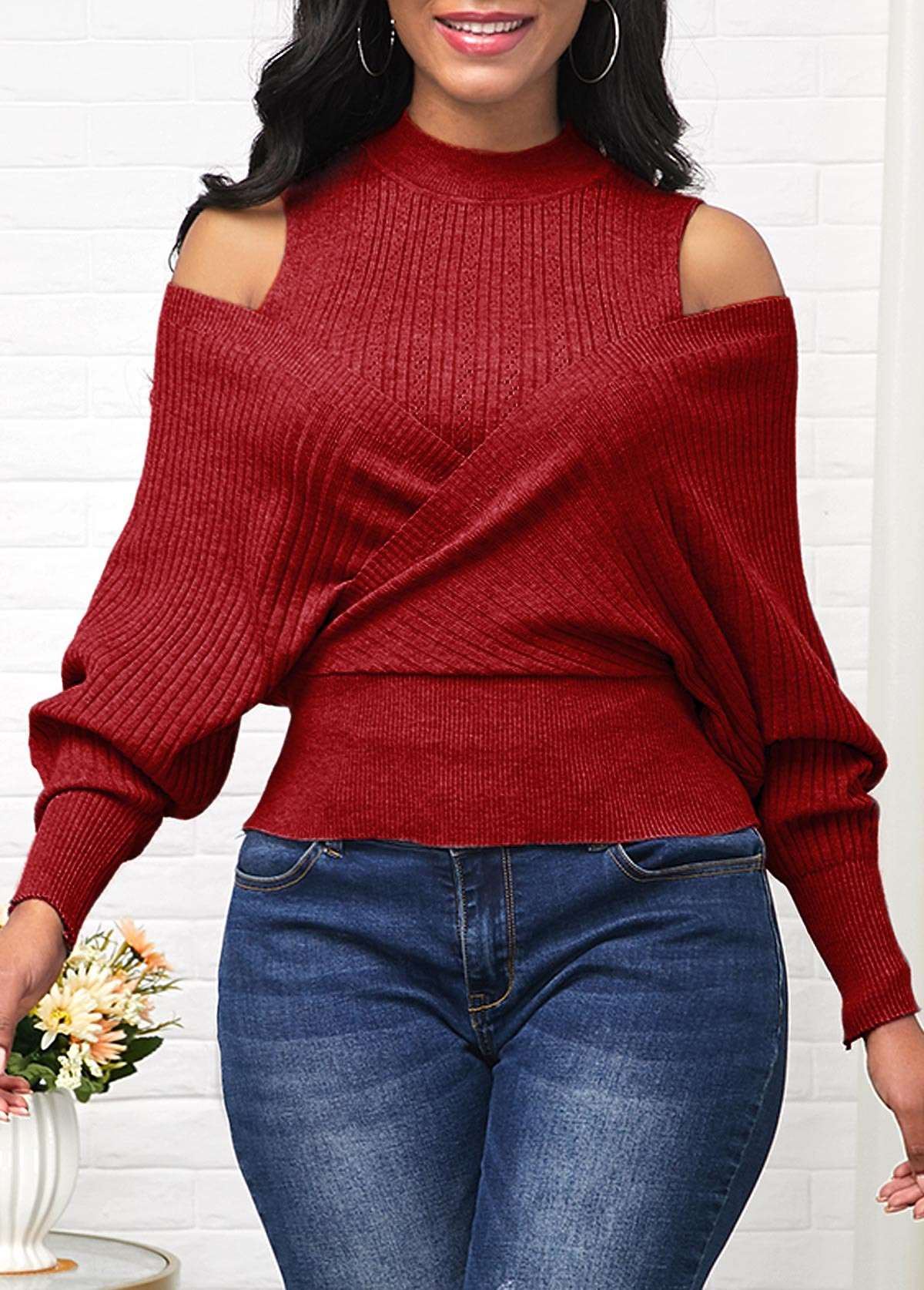 Cold Shoulder Long Sleeve Wine Red Sweater | rosewe.com