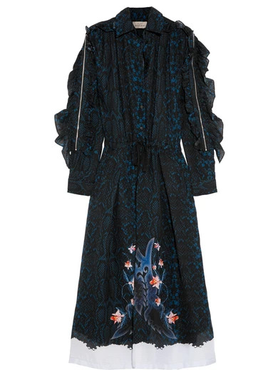 Preen by Thornton Bregazzi - Abigal Ruffled Printed Silk-chiffon Midi Dress - Navy | NET-A-PORTER (US)