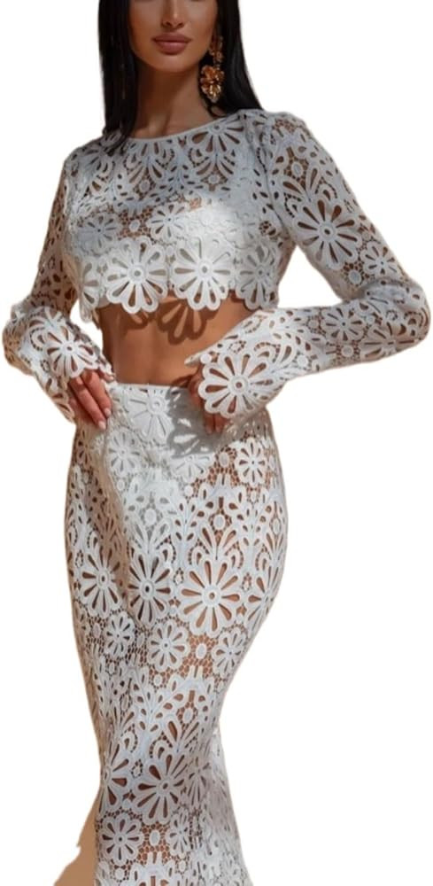 Women‘s Sexy Lace 2 Pieces Outfits Hollow Out Set Crop Tops Bodycon Skirts Long Sleeves Party V... | Amazon (US)