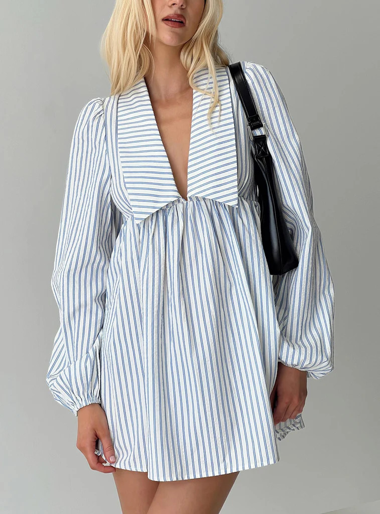 Ronelle Collared Long Sleeve Mini Dress Blue Stripe | Princess Polly US