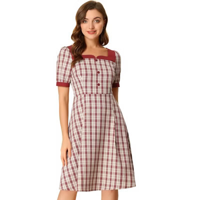 INSPIRE CHIC Women's Contrast Square Neck Long Sleeve Plaid Dress Medium Red | Target