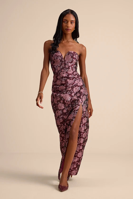 D’Amore Plum Floral Jacquard Strapless Tulip Maxi Dress | Lulus