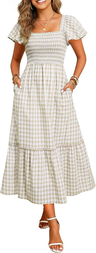 Women Summer Dresses - Plaid Cotton Smocked Square Neck Flutter Sleeve Casual Midi Dress Pocket 2... | Amazon (US)