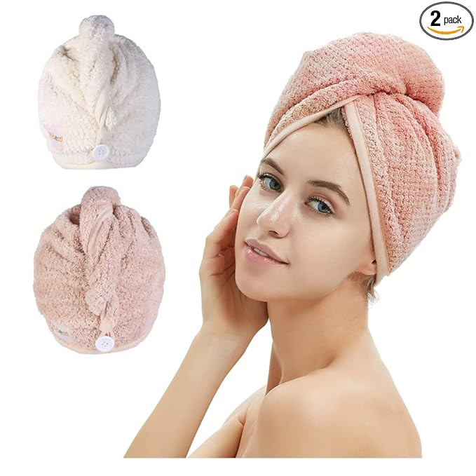 2 Pack Microfiber Hair Towel Wrap,Hair Drying Towel with Button, Hair Towel Turban,Quick Dry,Anti... | Amazon (US)
