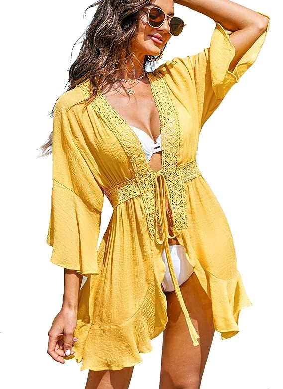 AI'MAGE Bathing Suit Cover ups for women Lace Tie Front Beach Coverup Ruffles Short Sleeve Kimono... | Amazon (US)
