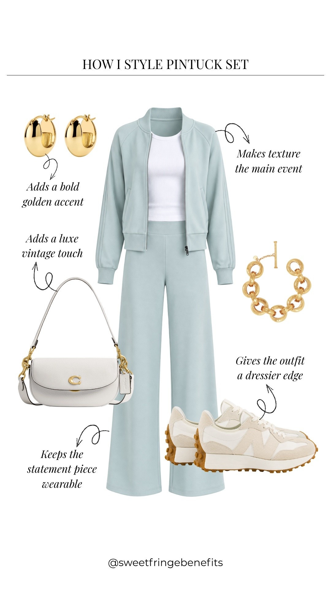 This matching set makes getting dressed almost too easy. I like how the soft blue feels fresh, and sneakers keep the whole thing from getting too serious.