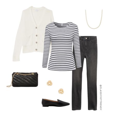 French Minimalist Style on a Budget

Amazon ivory cardigan 
Striped tee
Black wash jeans
Black loafers flats
