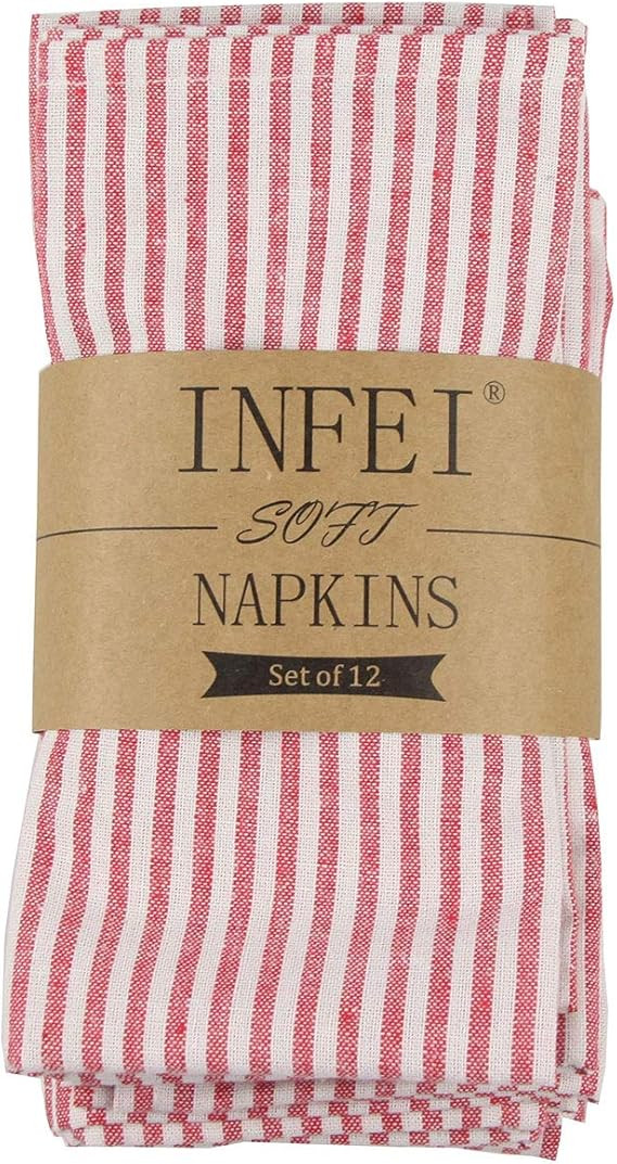 INFEI Soft Plain Striped Linen Cotton Dinner Cloth Napkins - Set of 12 (17 x 17 inches) - for Eve... | Amazon (US)