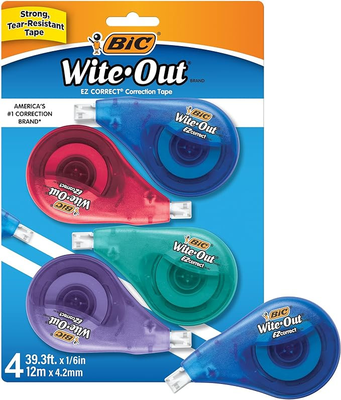 BIC White-Out Brand EZ Correct Correction Tape, 39.3 Feet, 4-Count Pack of white Correction Tape,... | Amazon (US)
