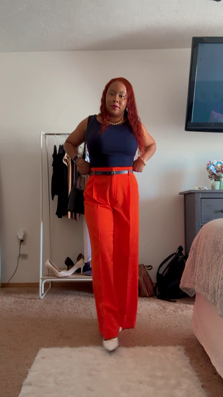 Orange pleated wide leg trousers.. these are soo cute and fun to wear! Paired with a navy belt, navy boatneck neck top and pointy leather buckle pumps. Corporate girl, work clothes, what to wear to work, work outfit, summer outfit, modest fashionn

#LTKShoeCrush #LTKOver40 #LTKSaleAlert
