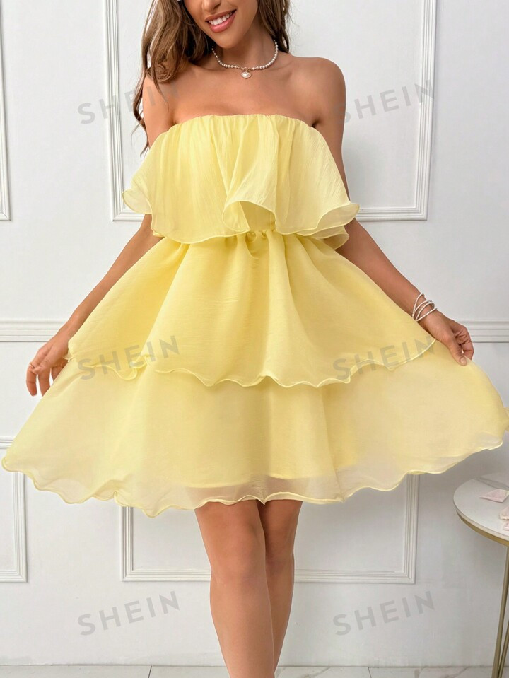 SHEIN Privé Women's Strapless Ruffle Trimmed Decorated Waist A-Line Dress | SHEIN