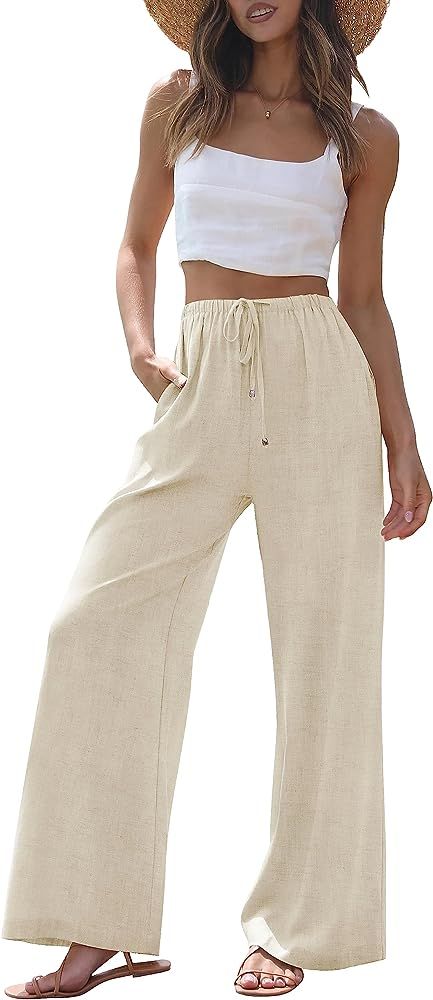 ZESICA Women's Summer Linen Wide Leg Flowy Palazzo Pants Casual High Waisted Loose Trousers with ... | Amazon (US)
