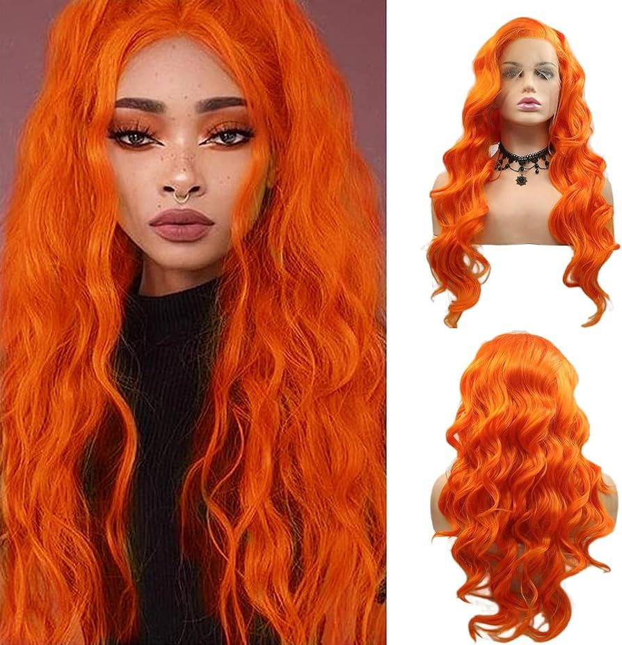 Orange Lace Front Wig Long Wavy Curly Bright Orange Lace Front Synthetic Wig Pre Plucked Natural ... | Amazon (US)