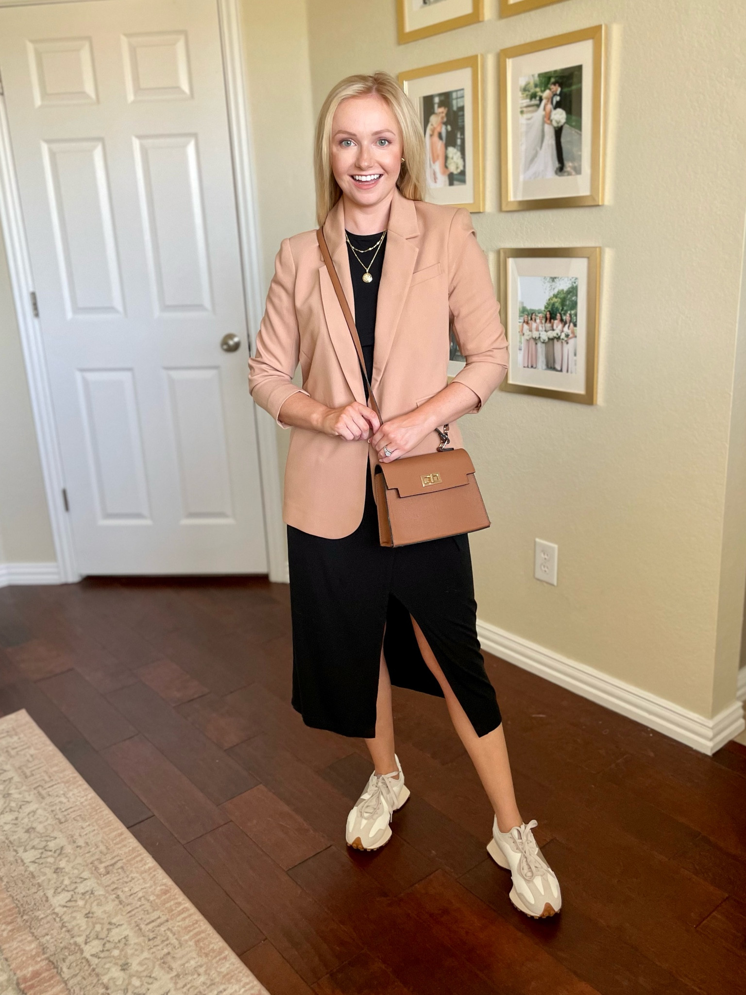 Wearing an XS in dress and XXS in blazer, it’s last years style but I linked this years! | fall outfit, casual fall outfit, tan blazer, black dress, midi dress, casual dress, casual fall dress, white sneakers, new balance sneakers 

#LTKBacktoSchool #LTKSeasonal #LTKFind