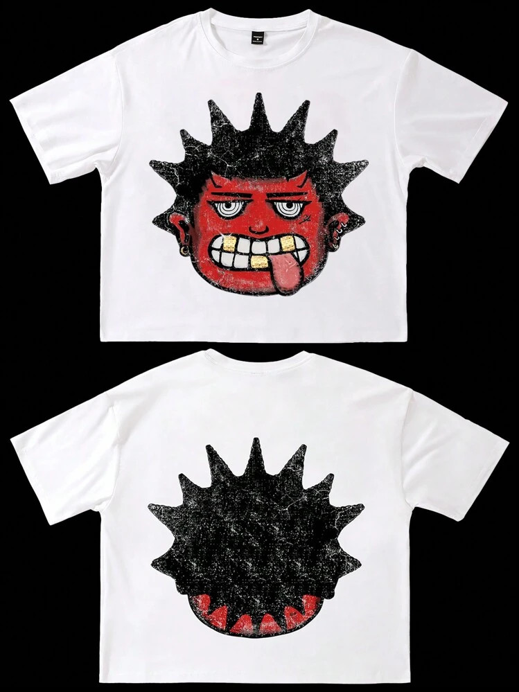 Manfinity EMRG Men Street Style Oversized Funny Cartoon Pattern Textured Red Graphic Print Loose ... | SHEIN