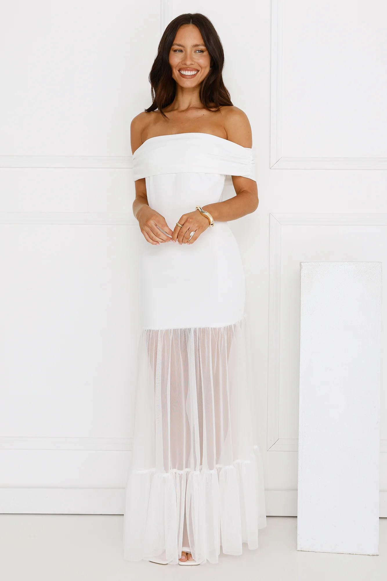 Moonbeam Reverie Off Shoulder Maxi Dress White | Hello Molly (US)