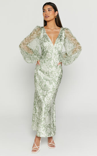 Freollyn Midi Dress - Deep V Neck Long Sleeve Dress in Sage | Showpo (US, UK & Europe)