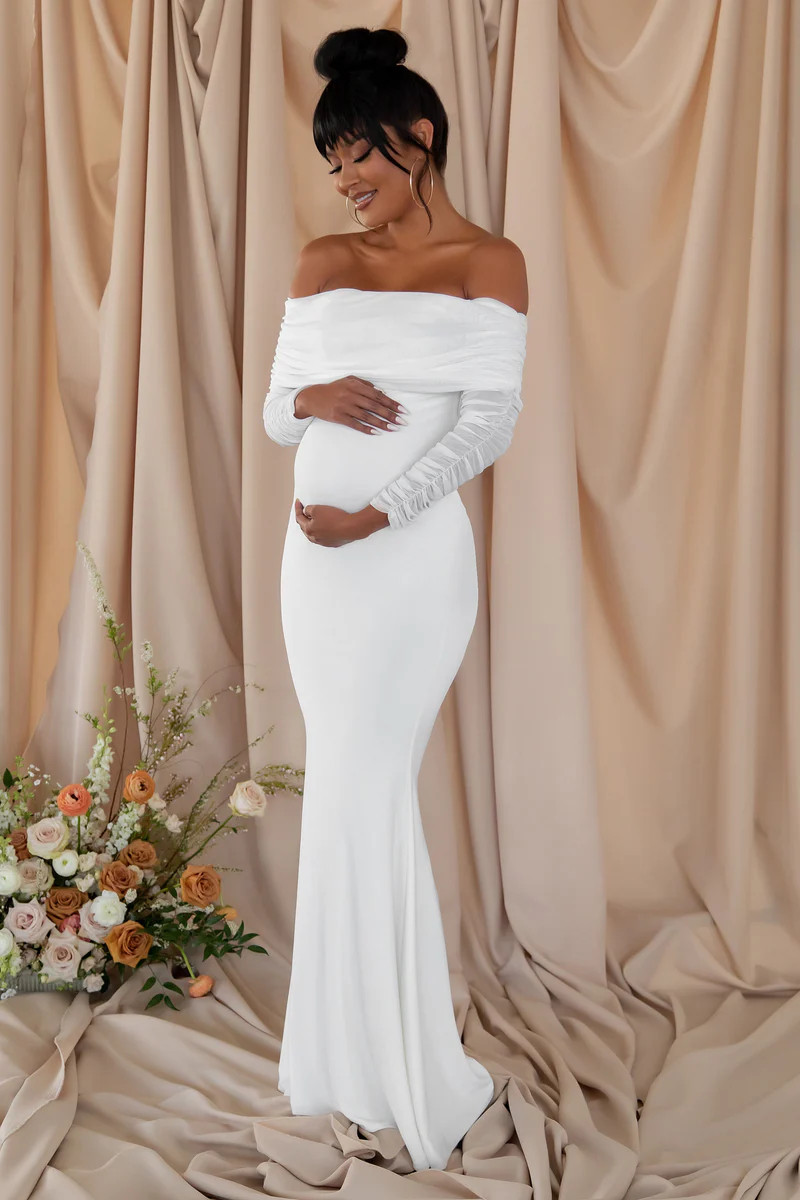 Pretty Perfect  White Maternity Ruched Mesh Bardot Maxi Dress | Club L London