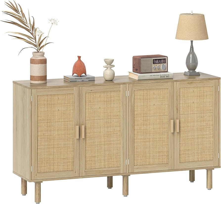 HOMCOM Sideboard Buffet Cabinet, 62" Boho Buffet Table, Rattan Coffee Bar Cabinet with 4 Doors an... | Amazon (US)