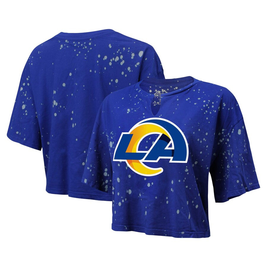 Los Angeles Rams Majestic Threads Women's Bleach Splatter Notch Neck Crop T-Shirt - Royal | Fanatics