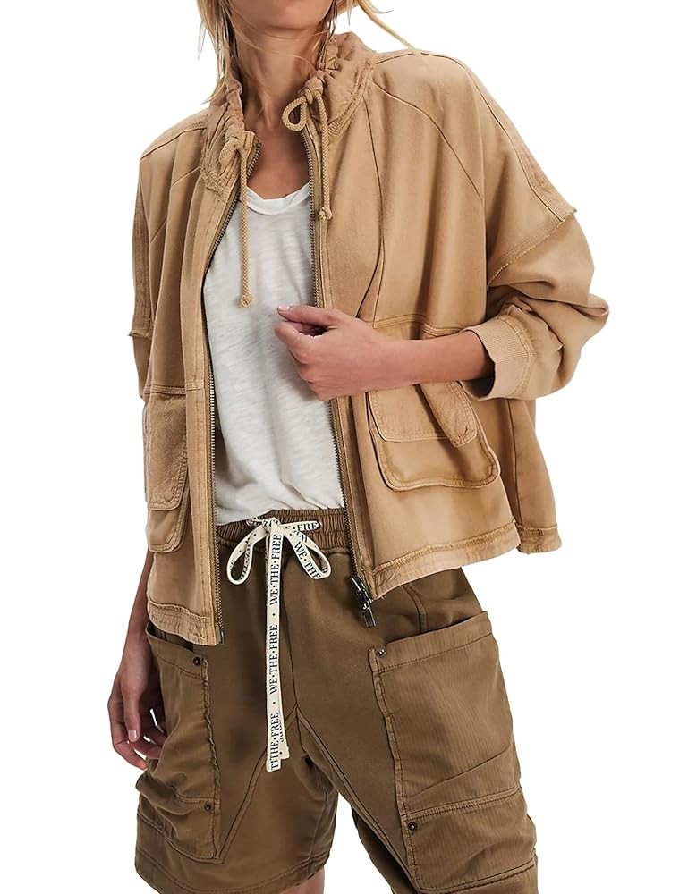 Women's Cropped Jackets Zipper Cardigan Adjustable Stand Collar Shacket Fall Outwear with Pokets | Amazon (US)
