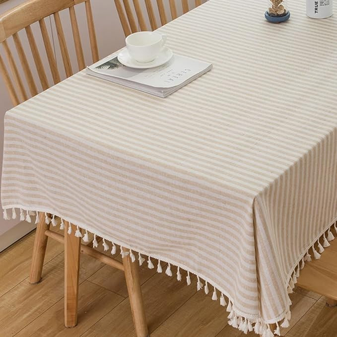 TruDelve Cotton Linen Tablecloth Beige Striped Tablecloth with Tassels Boho Cloth Tablecloths for... | Amazon (US)