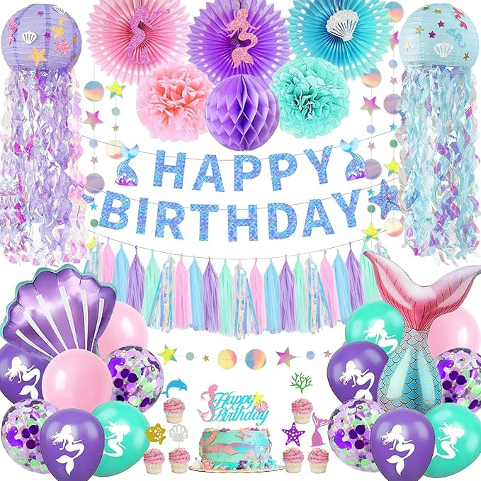 Mermaid Birthday Party Decorations - Theme Supplies Include Banner, Balloons, Paper Fans, Curtain... | Amazon (US)