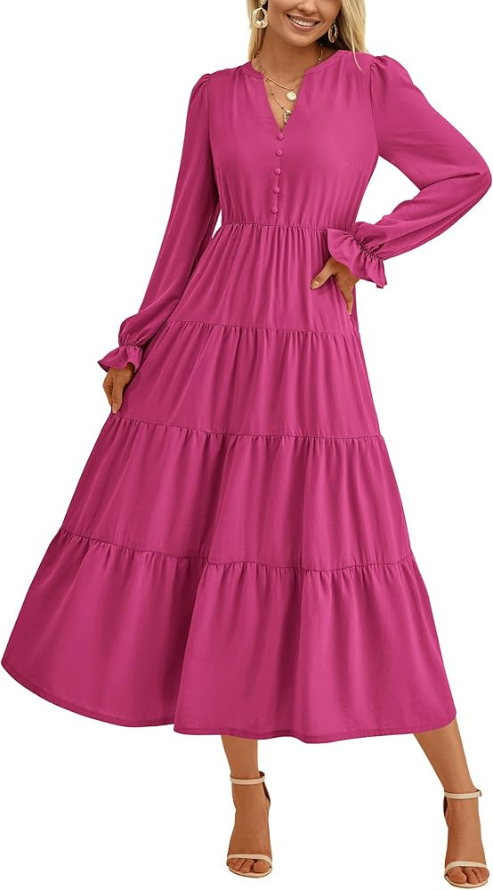 PRETTYGARDEN Long Sleeve Dress for Women Fall V Neck Tiered A Line Spring Elegant Modest Flowy We... | Amazon (US)