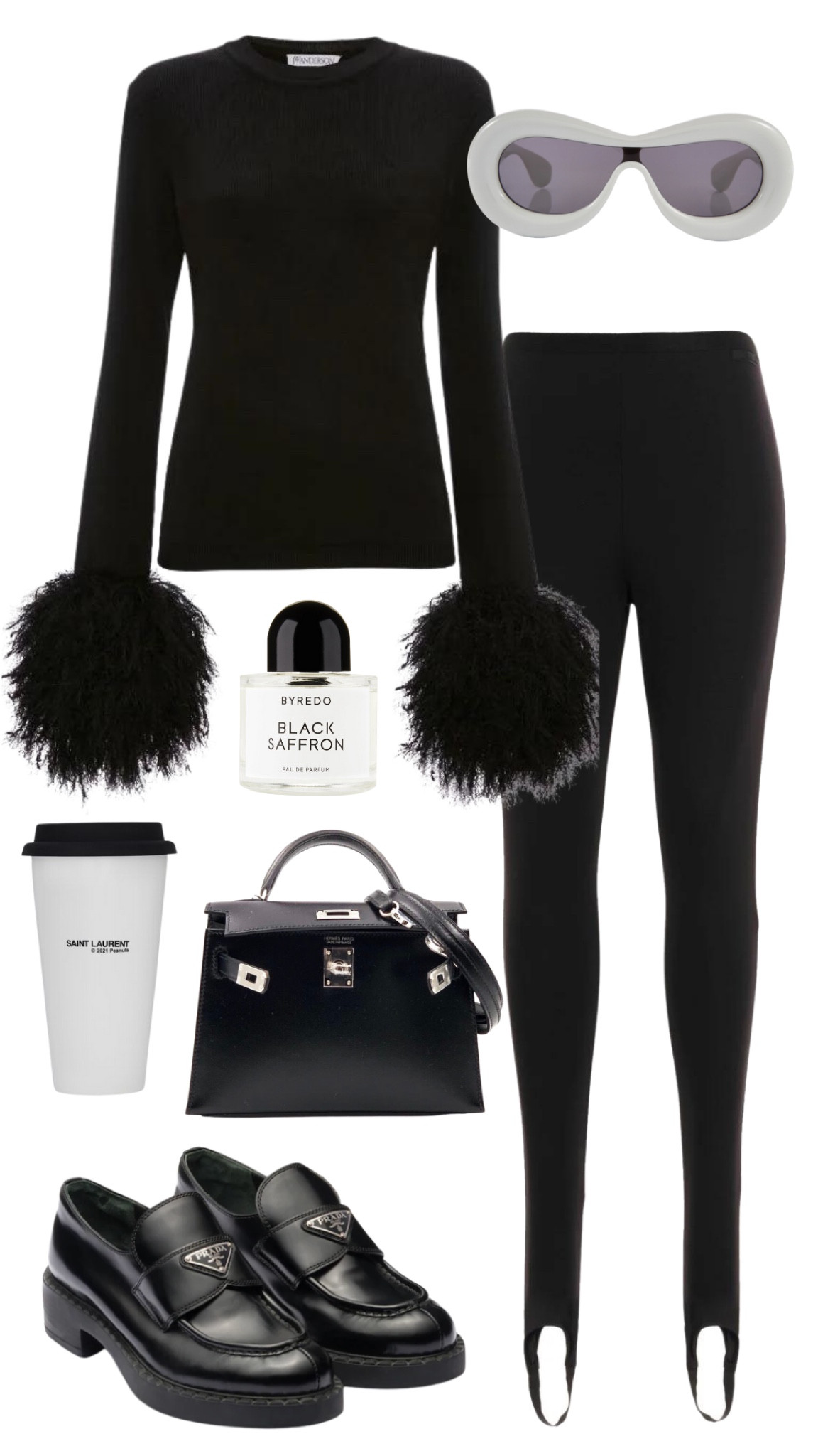 jw anderson top 
remain stirrup leggings 
prada loafers 
loewe inflated sunglasses 
hermes mini kelly 
saint laurent mug 
byredo black saffron parfum 

#LTKshoecrush #LTKsalealert #LTKfit