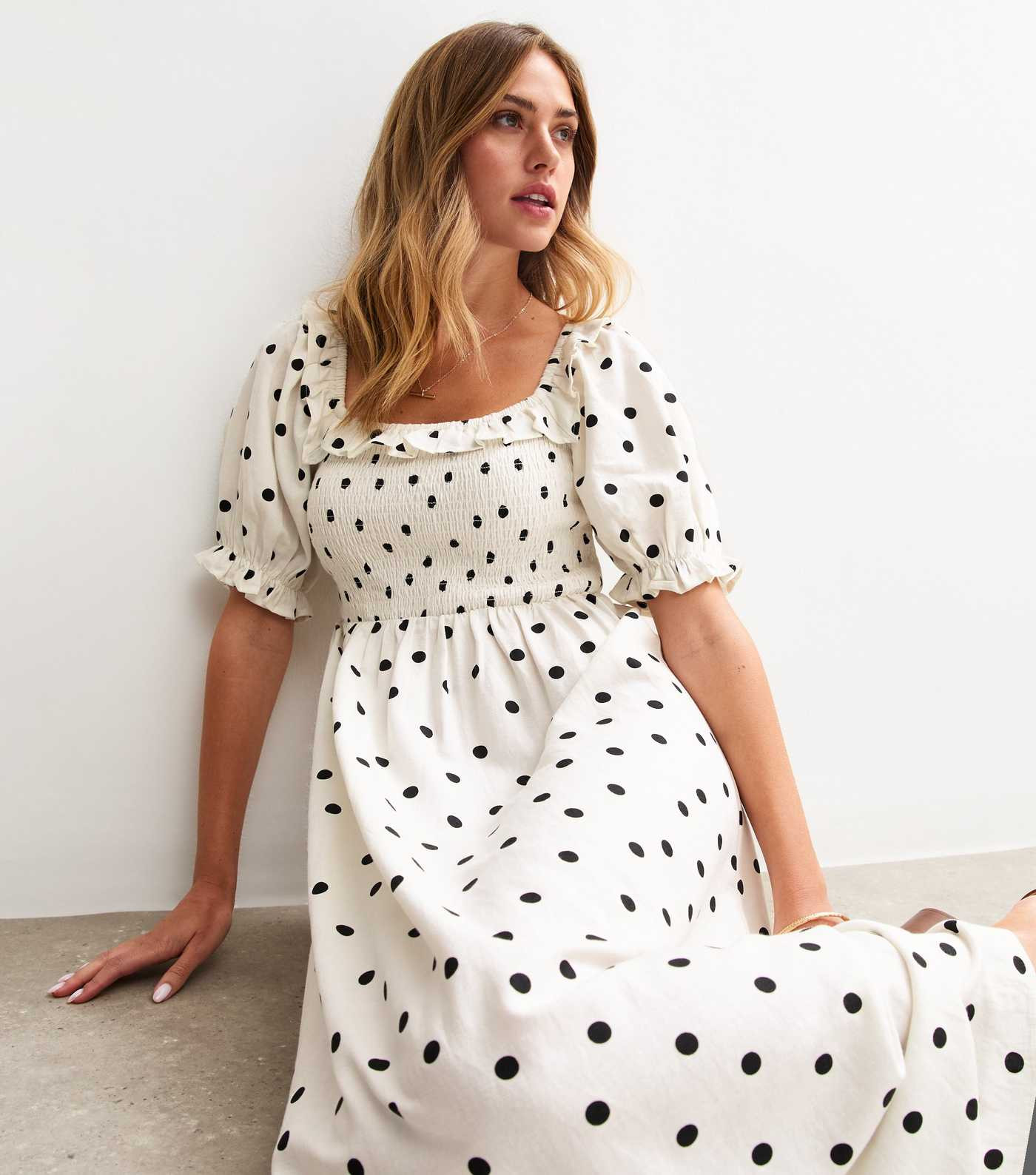 White Spot Print Shirred Midi Dress | New Look | New Look (UK)