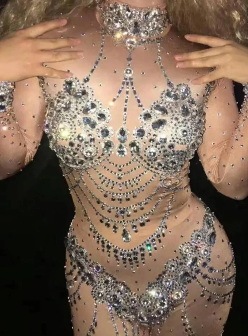 Aerial Costume: Rhinestone Crystal Jumpsuit Festival Catsuit - Etsy | Etsy (US)