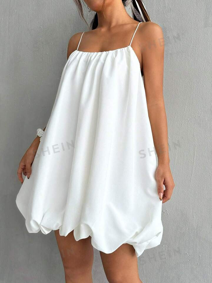 SHEIN EZwear Women's Summer Solid Color Spaghetti Strap Ruffle A-Line Dress | SHEIN