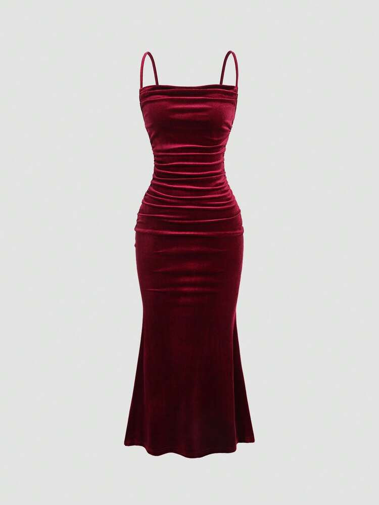Spaghetti strap Velvet midi Dress | SHEIN