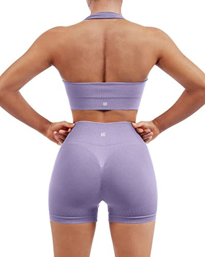 SUUKSESS Women Two Piece Seamless Ribbed Workout Sets Outfits Backless Halter Sports Bra Booty Biker Shorts (Purple, XS) | Amazon (US)