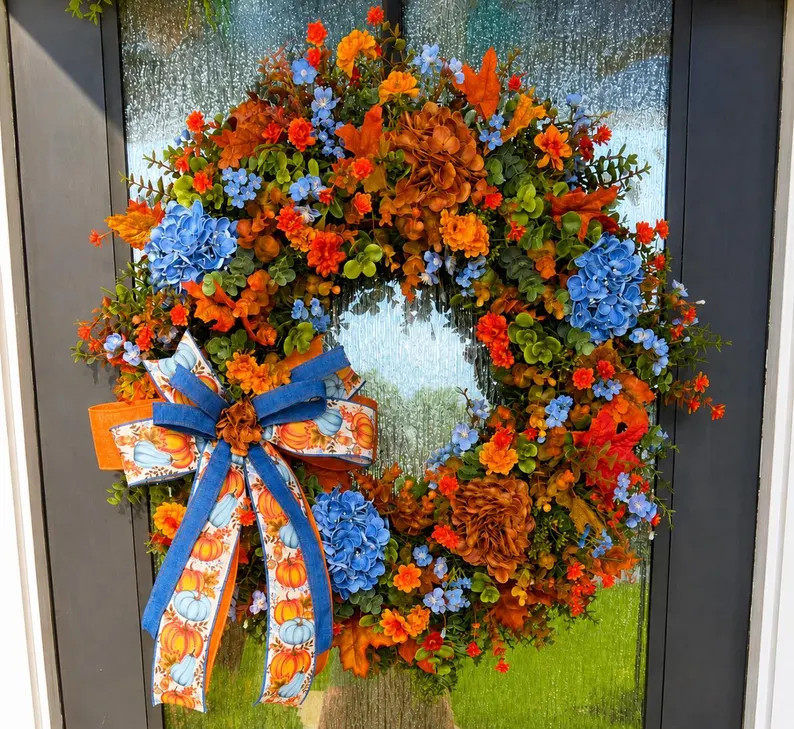 Blue Hydrangea Pumpkin Fall Wreath | Luxury Autumn Front Door Wreath | Orange, Rust & Blue Fall D... | Etsy (Global)