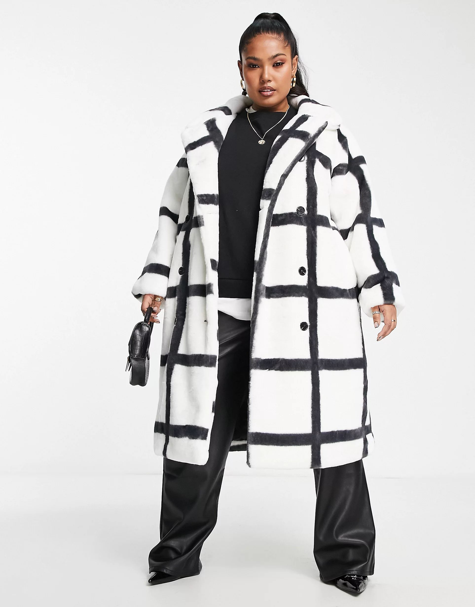 Simply Be double breasted faux fur coat in mono check | ASOS (Global)