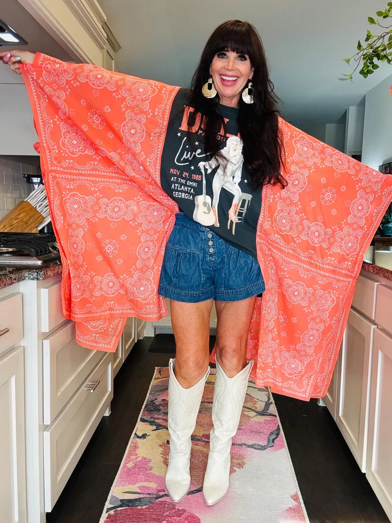 Remade graphic Dolly Parton tee, salmon bandana scarves on either side.  Light and flowy Poncho f... | Etsy (Global)