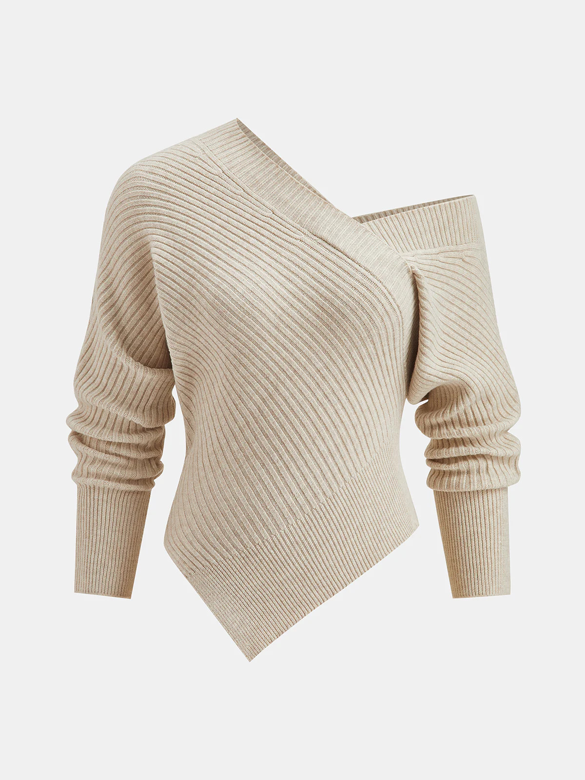 Asymmetric Neck Ribbed Knit Sweater | Commense