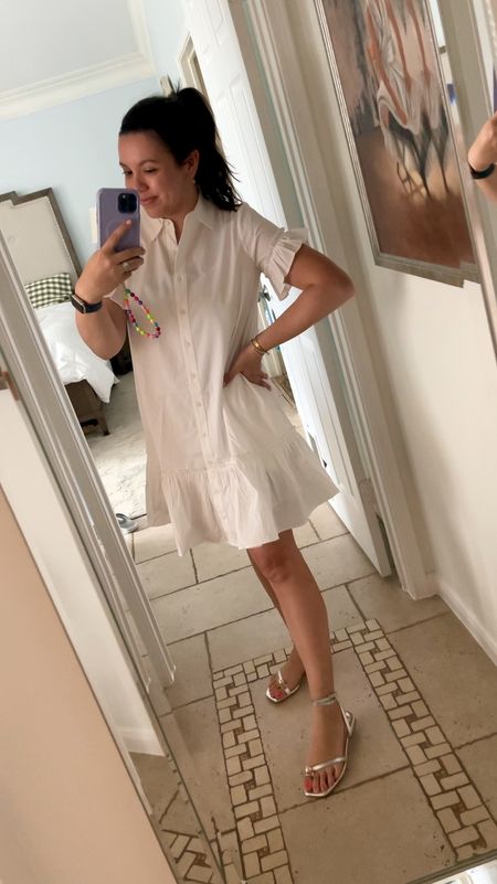 Cotton white shirtdress that’s perfect for summer with a flounce hem and includes a slip. 
Runs loose, size down! Adorable cotton shirtdress for warm weather. Paired with metallic ankle strap sandals - true to size 


#LTKtravel #LTKstyletip #LTKSeasonal