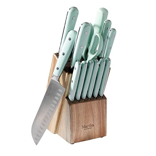 Martha Stewart 14 Piece High Carbon Stainless Steel Cutlery Knife Block Set w/ABS Triple Riveted Forged Handle Ashwood Block - Martha Blue | Amazon (US)
