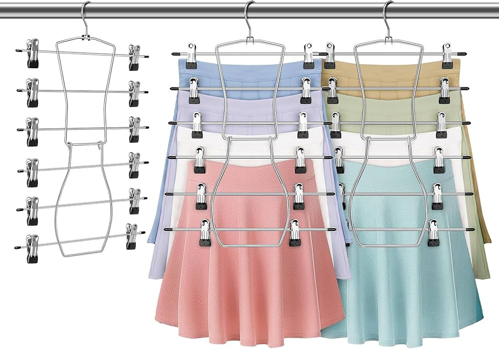 Fkamz 6 Tier Pants Hangers Space Saving, 3 Pack Metal Skirt Hangers w/Adjustable Clips Holds 18 S... | Amazon (US)