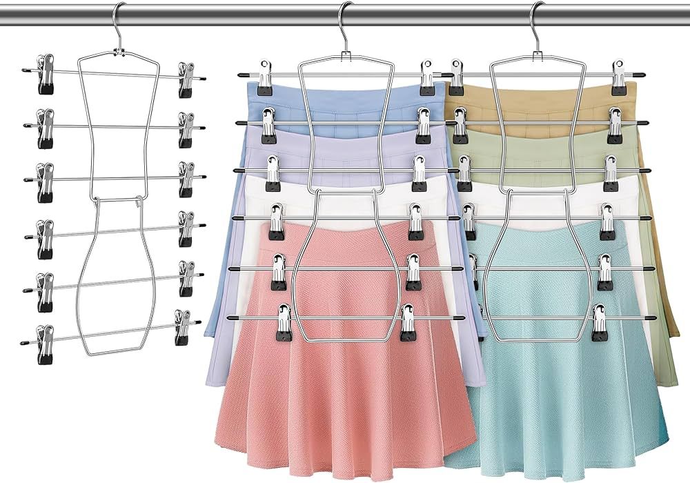 Fkamz 6 Tier Pants Hangers Space Saving, 3 Pack Metal Skirt Hangers w/Adjustable Clips Holds 18 S... | Amazon (US)
