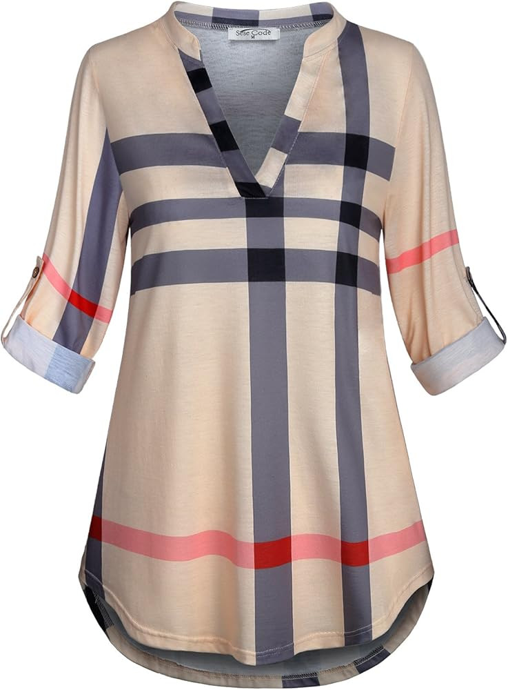 SeSe Code Womens 3/4 Roll Sleeve Plaid Shirt Business Casual Blouses and Tops Dressy for Work | Amazon (US)